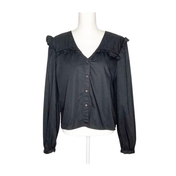The Shirt Rochelle Behrens Black Button Down Ruffle Trim V-Neck Shirt Large - Picture 1 of 7